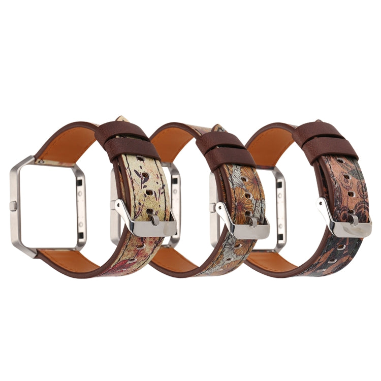 For Fitbit Blaze Retro Flowers Series Leather Replacement Strap Watchband, Red Flowers, Chrysanthemum, Green Flowers