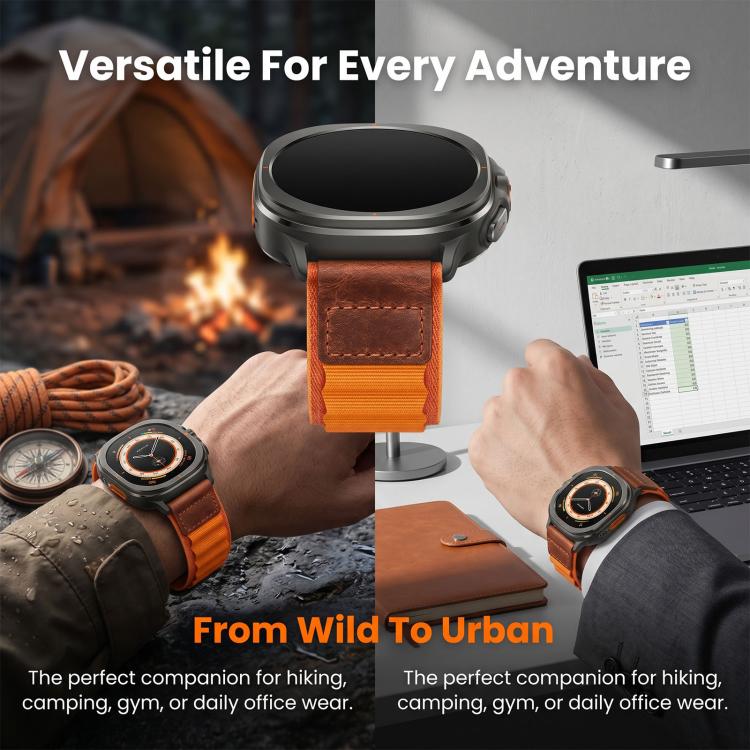 Retro Vegan Leather Label Alpine Nylon Loop Watch Band, For Samsung Galaxy Watch8 / Watch8 Classic