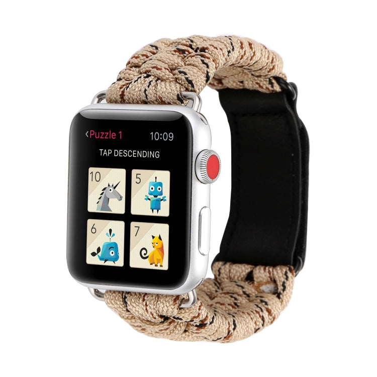 Magic Paste Genuine Leather Umbrella Rope Nylon Wrist Watch Band with Stainless Steel Buckle for Apple Watch Ultra 49mm&Watch Ultra 2 49mm / Series 10 46mm / 9&8&7 45mm / SE 3&SE 2&6&SE&5&4 44mm / 3&2&1 42mm, 7 45mm / 6&SE&5&4 44mm / 3&2&1 42mm