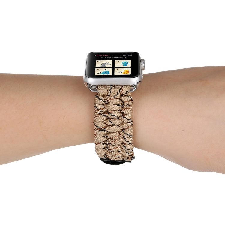 Magic Paste Genuine Leather Umbrella Rope Nylon Wrist Watch Band with Stainless Steel Buckle for Apple Watch Ultra 49mm&Watch Ultra 2 49mm / Series 10 46mm / 9&8&7 45mm / SE 3&SE 2&6&SE&5&4 44mm / 3&2&1 42mm, 7 45mm / 6&SE&5&4 44mm / 3&2&1 42mm