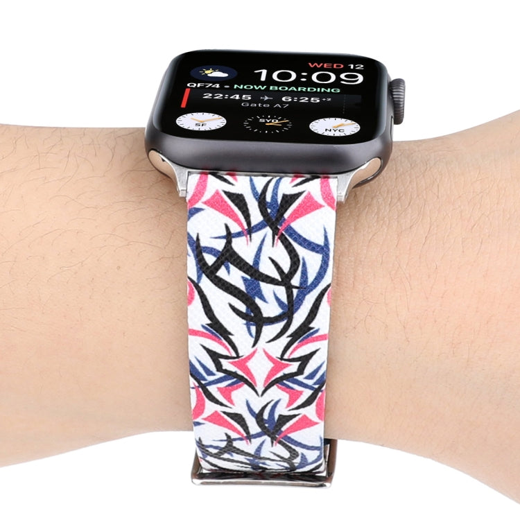 Thorns Printing Genuine Leather Watch Band for Apple Watch Series 10 42mm / 9&8&7 41mm / SE 3&SE 2&6&SE&5&4 40mm / 3&2&1 38mm, 40mm