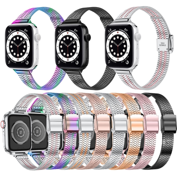 14mm Seven-beads Double Safety Buckle Slim Steel Replacement Strap Watchband For Apple Watch Series, 7 41mm / 6 & SE & 5 & 4 40mm / 3 & 2 & 1 38mm, 7 45mm / 6 & SE & 5 & 4 44mm / 3 & 2 & 1 42mm