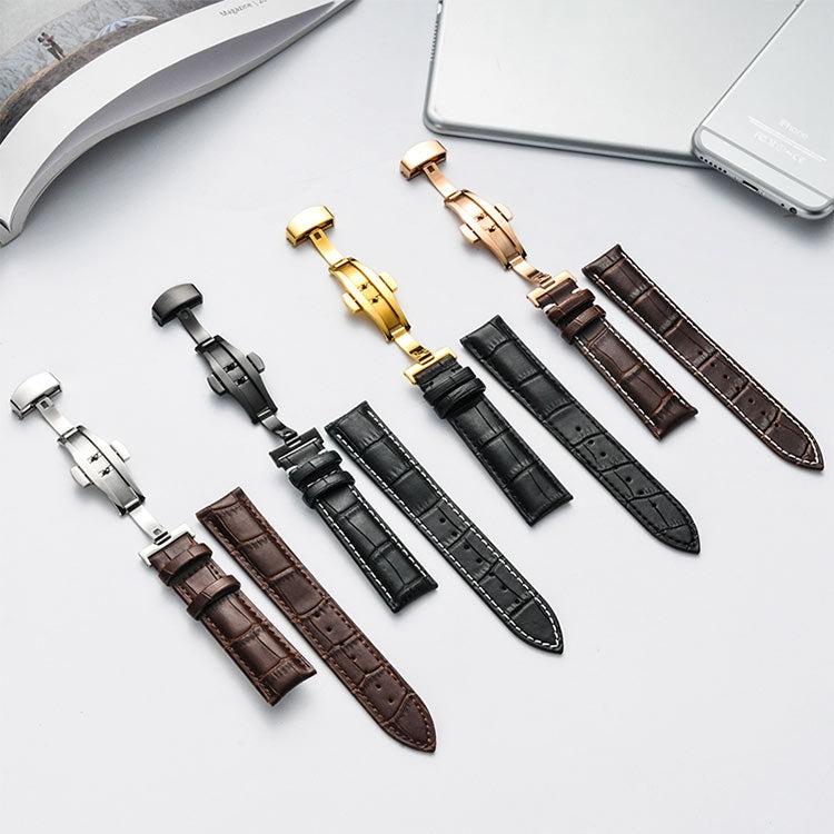 Classic Cowhide Leather Gold Butterfly Buckle Replacement Strap Watchband, 14mm, 16mm, 18mm, 20mm, 22mm