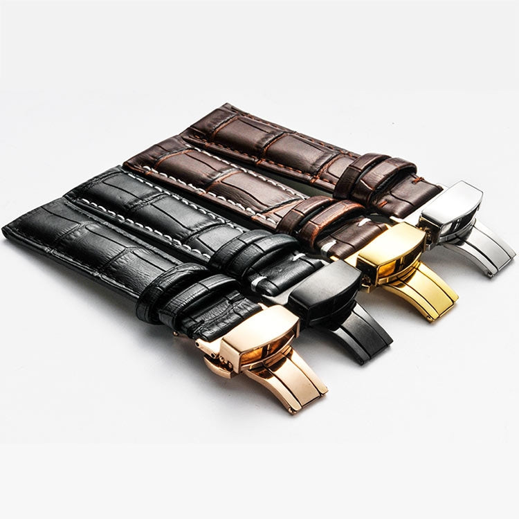 Classic Cowhide Leather Gold Butterfly Buckle Replacement Strap Watchband, 14mm, 16mm, 18mm, 20mm, 22mm