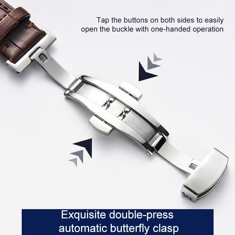 Classic Cowhide Leather Gold Butterfly Buckle Replacement Strap Watchband, 14mm, 16mm, 18mm, 20mm, 22mm
