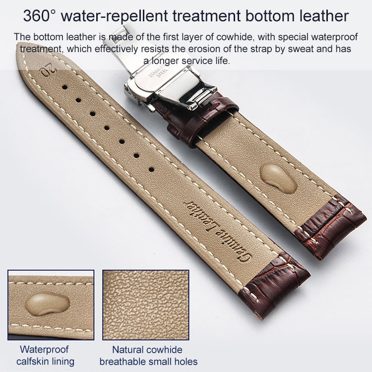 Classic Cowhide Leather Gold Butterfly Buckle Replacement Strap Watchband, 14mm, 16mm, 18mm, 20mm, 22mm