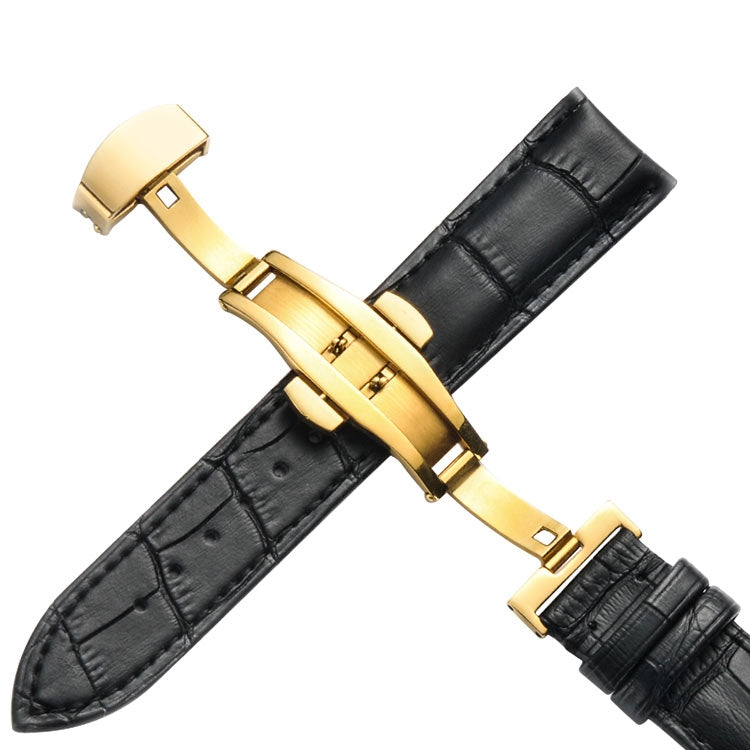 Classic Cowhide Leather Gold Butterfly Buckle Replacement Strap Watchband, 14mm, 16mm, 18mm, 20mm, 22mm