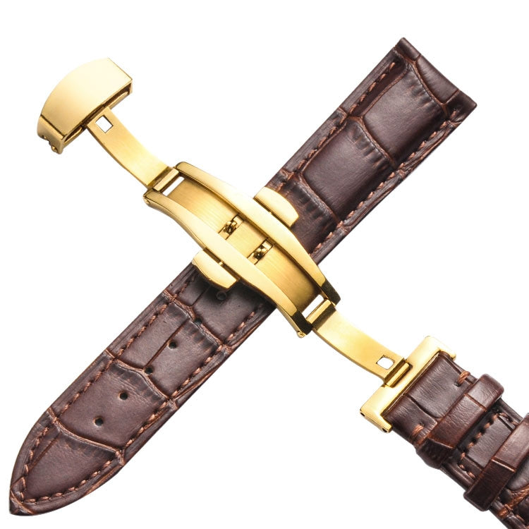 Classic Cowhide Leather Gold Butterfly Buckle Replacement Strap Watchband, 14mm, 16mm, 18mm, 20mm, 22mm