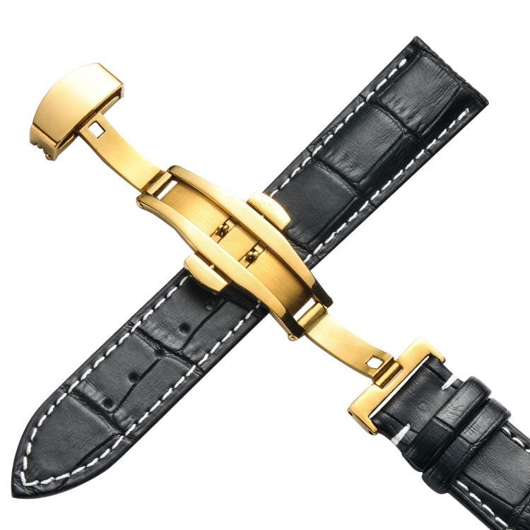 Classic Cowhide Leather Gold Butterfly Buckle Replacement Strap Watchband, 14mm, 16mm, 18mm, 20mm, 22mm
