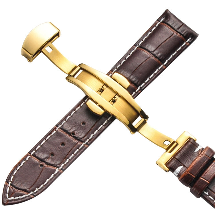 Classic Cowhide Leather Gold Butterfly Buckle Replacement Strap Watchband, 14mm, 16mm, 18mm, 20mm, 22mm