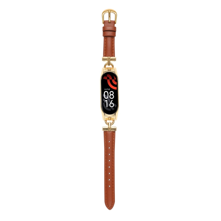 D-shaped Steel + Genuine Leather Watch Band, For Xiaomi Mi Band 3 / 4, For Xiaomi Mi Band 5 / 6, For Xiaomi Mi Band 7