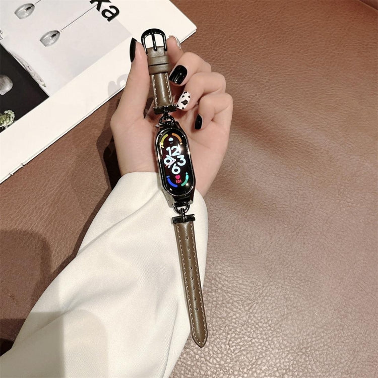 D-shaped Steel + Genuine Leather Watch Band, For Xiaomi Mi Band 3 / 4, For Xiaomi Mi Band 5 / 6, For Xiaomi Mi Band 7