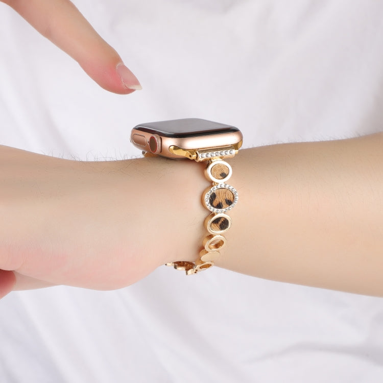 Leopard Rhinestones Metal Chain Watch Band, For Apple Watch SE 2023 44mm, For Apple Watch SE 2023 40mm, For Apple Watch Ultra 2 49mm, For Apple Watch Series 9 45mm, For Apple Watch Series 9 41mm, For Apple Watch Ultra 49mm, For Apple Watch Series 8 41m...