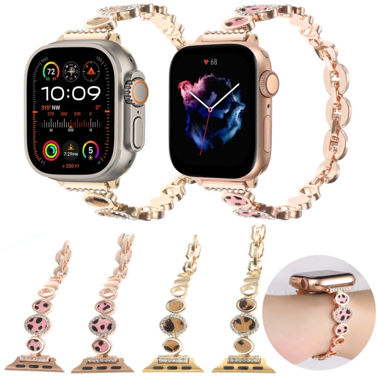 Leopard Rhinestones Metal Chain Watch Band, For Apple Watch SE 2023 44mm, For Apple Watch SE 2023 40mm, For Apple Watch Ultra 2 49mm, For Apple Watch Series 9 45mm, For Apple Watch Series 9 41mm, For Apple Watch Ultra 49mm, For Apple Watch Series 8 41m...
