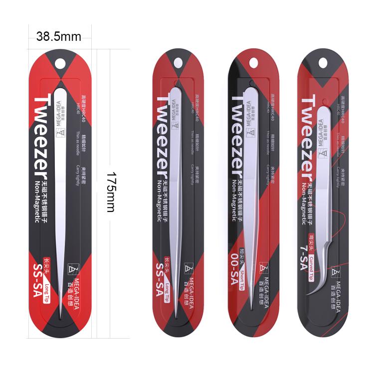 MEGA-IEDA High Hard Non-magnetic Stainless Steel Repair Tweezers, Long Tip, Short Tip, Curved Tip