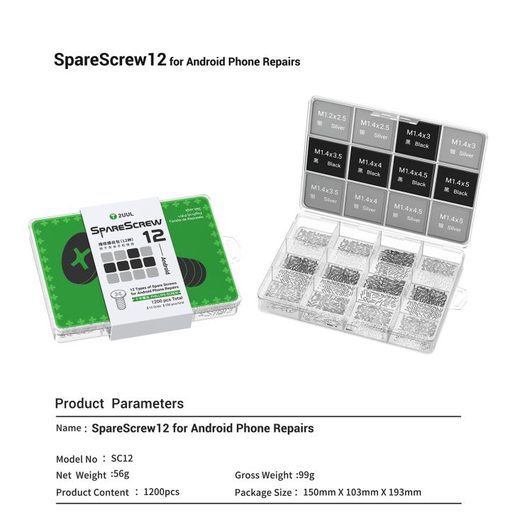2UUL SC12 SpareScrew12 Phillips Screws Set for Most Android Phones Repair (1200pcs/Set ), 2UUL SC12