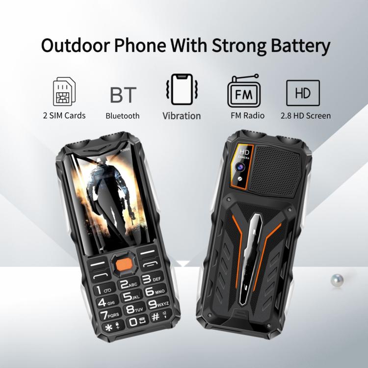 H3000 Elder Rugged Phone, 4000mAh Battery, 2.8 inch, 21 Keys, Network: 2G, LED Flashlight, FM, Dual SIM, EU Plug
