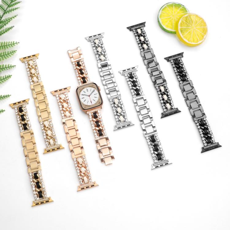 Diamond Vegan Leather Metal Watch Band, For Apple Watch 46mm / 49mm / 45mm / 44mm, For Apple Watch 42mm / 41mm / 40mm / 38mm