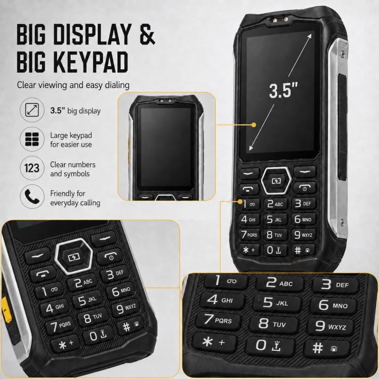 HP336 4G IP68 Rugged Phone, 3.5 inch, 4500mAh Battery, Network: 4G, BT, FM, SOS, Torch, EU Plug, US Plug, UK Plug