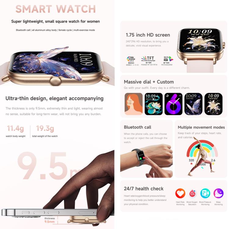 QS01 Pro 1.75-inch Smart Watch, Support Heart Rate, Blood Pressure, Blood Oxygen