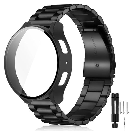 Tri-Beads Stainless Steel Watch Band with Film Integrated PC Case and Strap Link Remover Set, For Samsung Galaxy Watch7 44mm, For Samsung Galaxy Watch7 40mm, For Samsung Galaxy Watch6 44mm, For Samsung Galaxy Watch6 40mm, For Samsung Galaxy Watch5 44mm...
