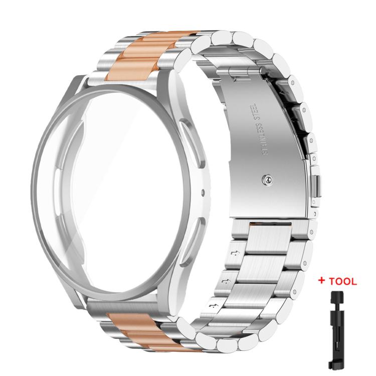 Tri-Beads Stainless Steel Watch Band with Full Coverage TPU Case and Strap Link Remover Set, For Samsung Galaxy Watch4 44mm, For Samsung Galaxy Watch4 40mm