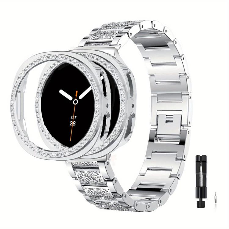 Three Beads Diamond Metal Watch Band with Hollow Diamond Case and Strap Link Remover Set, For Samsung Galaxy Watch8 44mm, For Samsung Galaxy Watch8 40mm