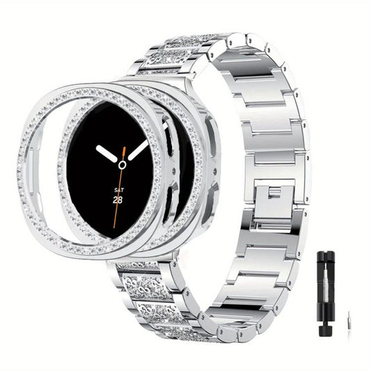 Three Beads Diamond Metal Watch Band with Hollow Diamond Case and Strap Link Remover Set, For Galaxy Watch9 / 8 44mm, For Galaxy Watch9 / 8 40mm