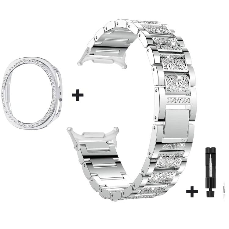 Three Beads Diamond Metal Watch Band with Hollow Diamond Case and Strap Link Remover Set, For Samsung Galaxy Watch8 44mm, For Samsung Galaxy Watch8 40mm