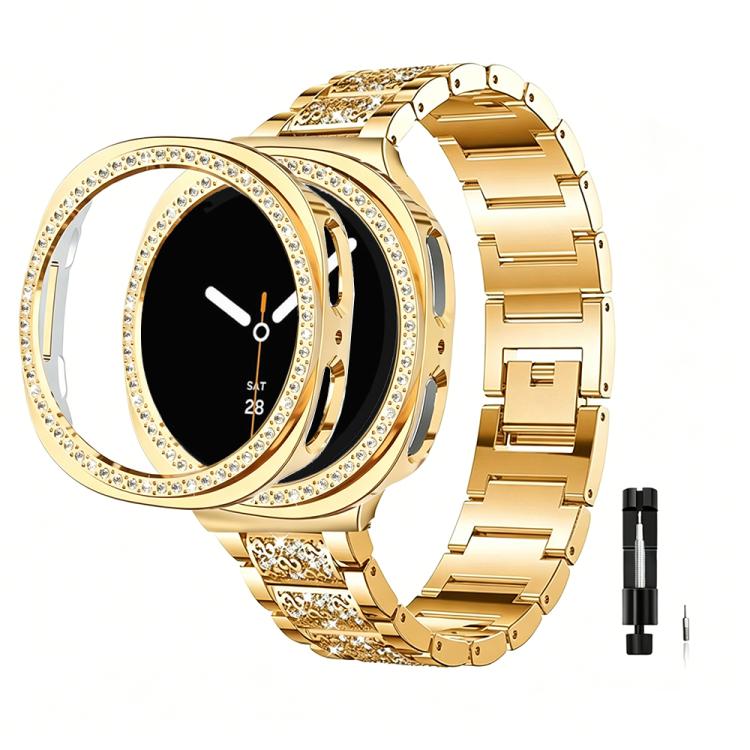 Three Beads Diamond Metal Watch Band with Hollow Diamond Case and Strap Link Remover Set, For Samsung Galaxy Watch8 44mm, For Samsung Galaxy Watch8 40mm