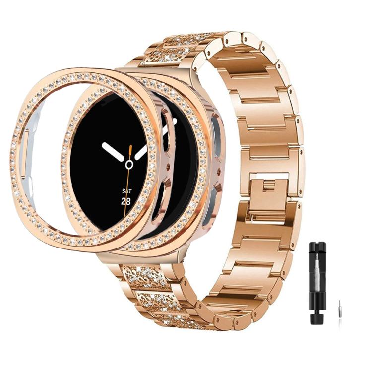 Three Beads Diamond Metal Watch Band with Hollow Diamond Case and Strap Link Remover Set, For Samsung Galaxy Watch8 44mm, For Samsung Galaxy Watch8 40mm
