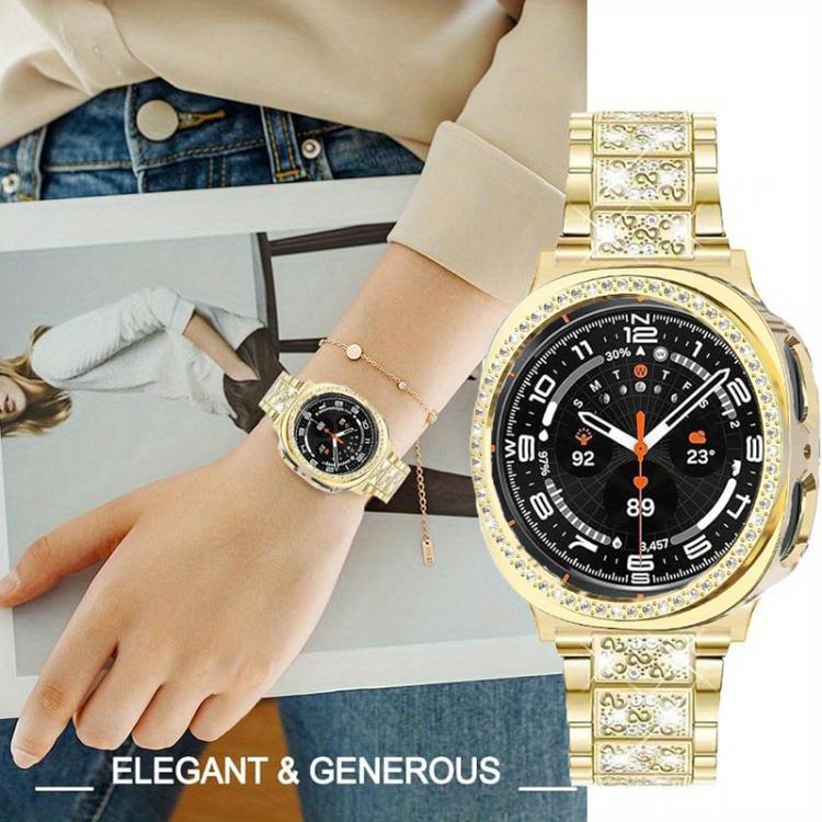 Three Beads Diamond Metal Watch Band with Hollow Diamond Case and Strap Link Remover Set, For Samsung Galaxy Watch8 44mm, For Samsung Galaxy Watch8 40mm