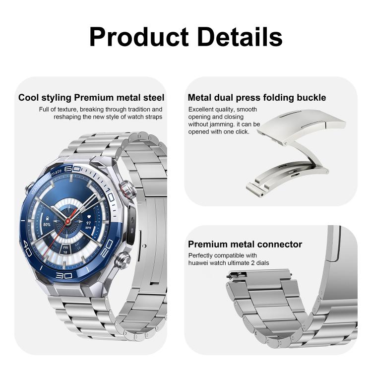 Three Beads Folding Clasp Stainless Steel Watch Band, For Huawei Watch Ultimate 2