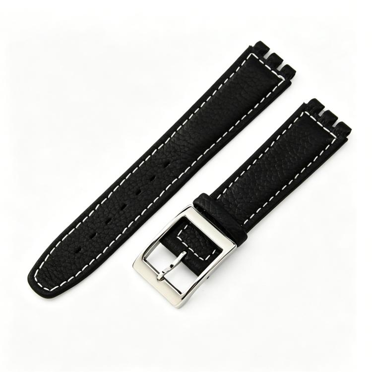 xDfind Convex Mouth Steel-colored Buckle Litchi Texture Genuine Leather Watch Band, For Swatch 17mm
