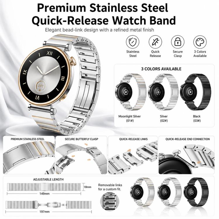 One-Bead Butterfly Clasp Sliding Quick Release Stainless Steel Watch Band, 18mm