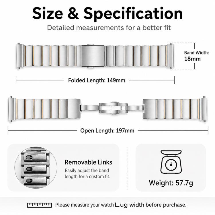 One-Bead Butterfly Clasp Sliding Quick Release Stainless Steel Watch Band, 18mm
