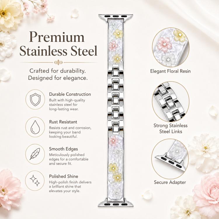 xDfind Floral Epoxy Metal Bracelet Strap Watch Band, For Apple Watch 42 / 44 / 45 / 46 / 49mm, For Apple Watch 38 / 40 / 41 / S11 42mm