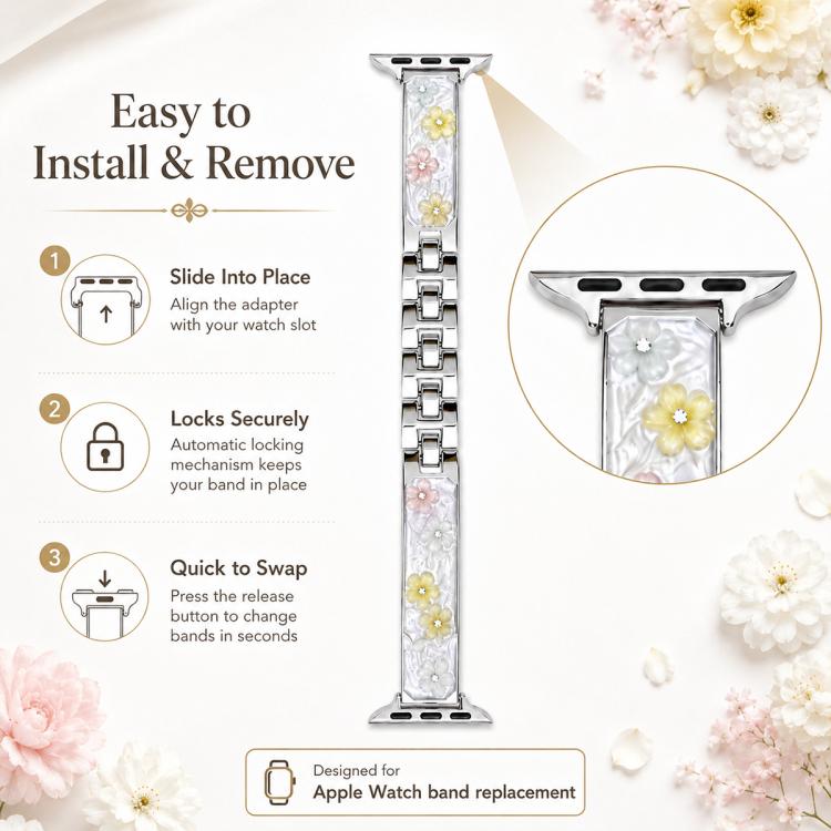 xDfind Floral Epoxy Metal Bracelet Strap Watch Band, For Apple Watch 42 / 44 / 45 / 46 / 49mm, For Apple Watch 38 / 40 / 41 / S11 42mm