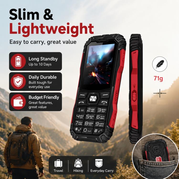 HE248 Rugged Style Phone, 2.4 inch, 3D Keys Network: 2G, Dual SIM, BT, Torch, Russian Keyboard, EU Plug, US Plug, UK Plug