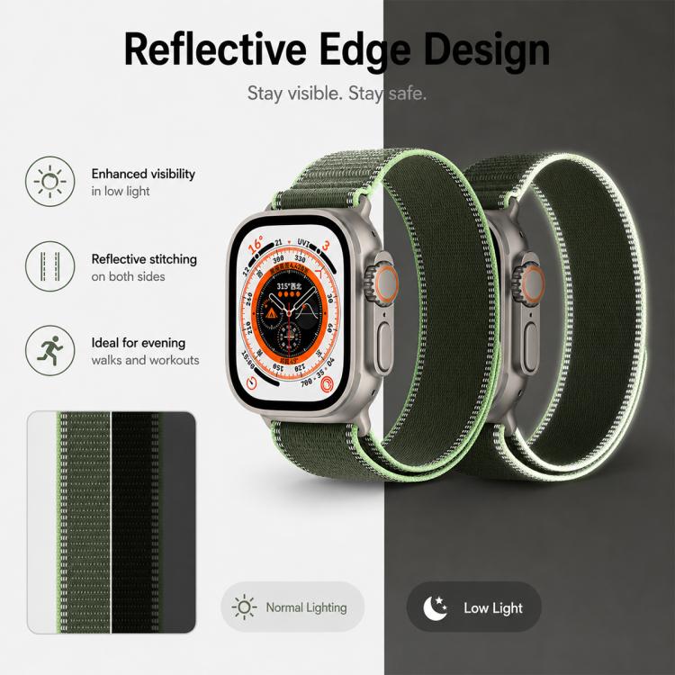 xDfind Adjustable Hook And Loop Fastener Reflective Nylon Loop Watch Band, For Apple Watch 42 / 44 / 45 / 46 / 49mm, For Apple Watch 38 / 40 / 41 / S11 42mm