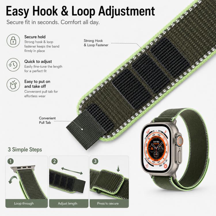 xDfind Adjustable Hook And Loop Fastener Reflective Nylon Loop Watch Band, For Apple Watch 42 / 44 / 45 / 46 / 49mm, For Apple Watch 38 / 40 / 41 / S11 42mm