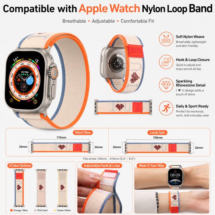 xDfind Rhinestone Hook And Loop Fastener Nylon Loop Watch Band, For Apple Watch 42 / 44 / 45 / 46 / 49mm, For Apple Watch 38 / 40 / 41 / S11 42mm