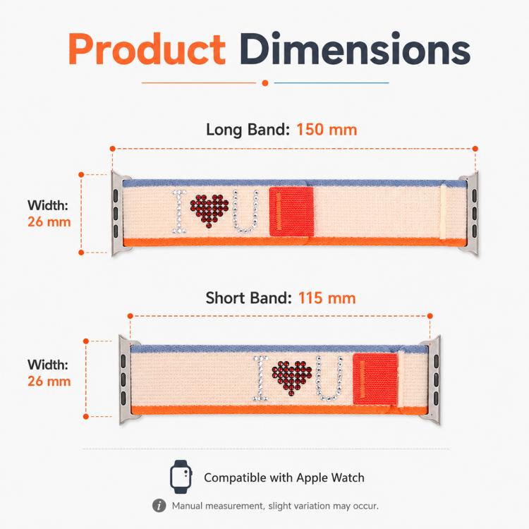 xDfind Rhinestone Hook And Loop Fastener Nylon Loop Watch Band, For Apple Watch 42 / 44 / 45 / 46 / 49mm, For Apple Watch 38 / 40 / 41 / S11 42mm