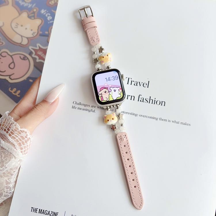Cute Cat Jade Beads Hybrid Vegan Leather Watch Band, For Apple Watch 46mm / 49mm / 45mm / 44mm, For Apple Watch 42mm / 41mm / 40mm / 38mm