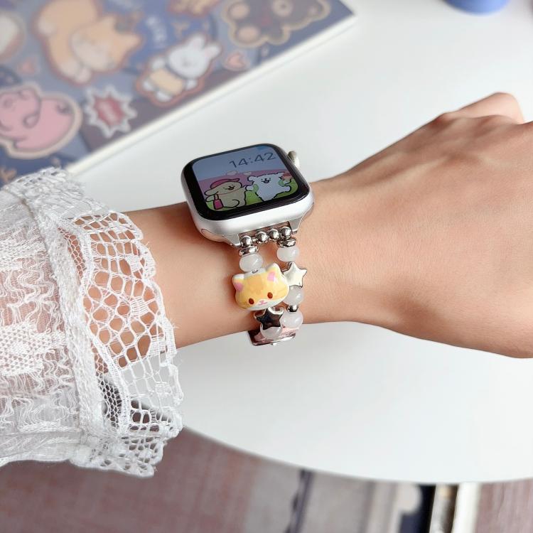 Cute Cat Jade Beads Hybrid Vegan Leather Watch Band, For Apple Watch 46mm / 49mm / 45mm / 44mm, For Apple Watch 42mm / 41mm / 40mm / 38mm