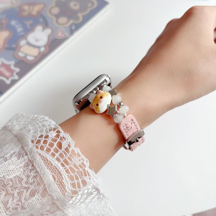 Cute Cat Jade Beads Hybrid Vegan Leather Watch Band, For Apple Watch 46mm / 49mm / 45mm / 44mm, For Apple Watch 42mm / 41mm / 40mm / 38mm