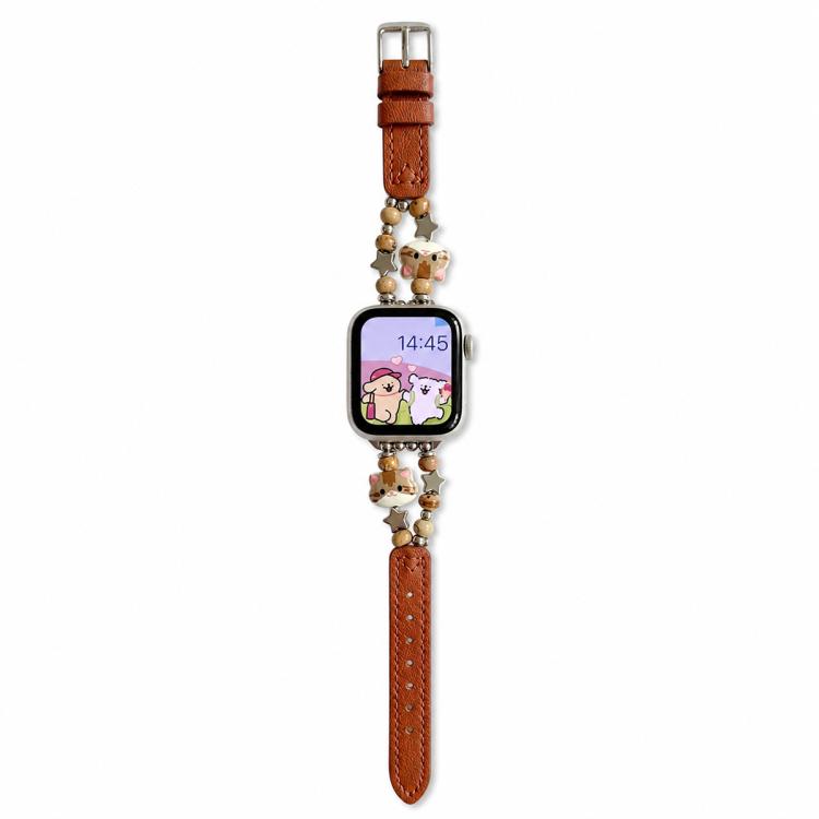 Cute Cat Jade Beads Hybrid Vegan Leather Watch Band, For Apple Watch 46mm / 49mm / 45mm / 44mm, For Apple Watch 42mm / 41mm / 40mm / 38mm
