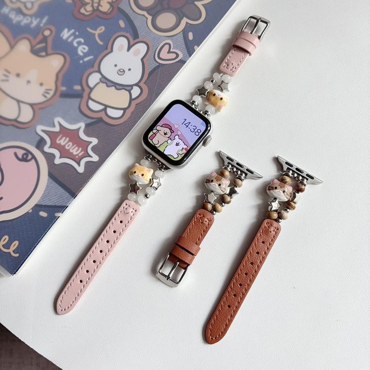 Cute Cat Jade Beads Hybrid Vegan Leather Watch Band, For Apple Watch 46mm / 49mm / 45mm / 44mm, For Apple Watch 42mm / 41mm / 40mm / 38mm