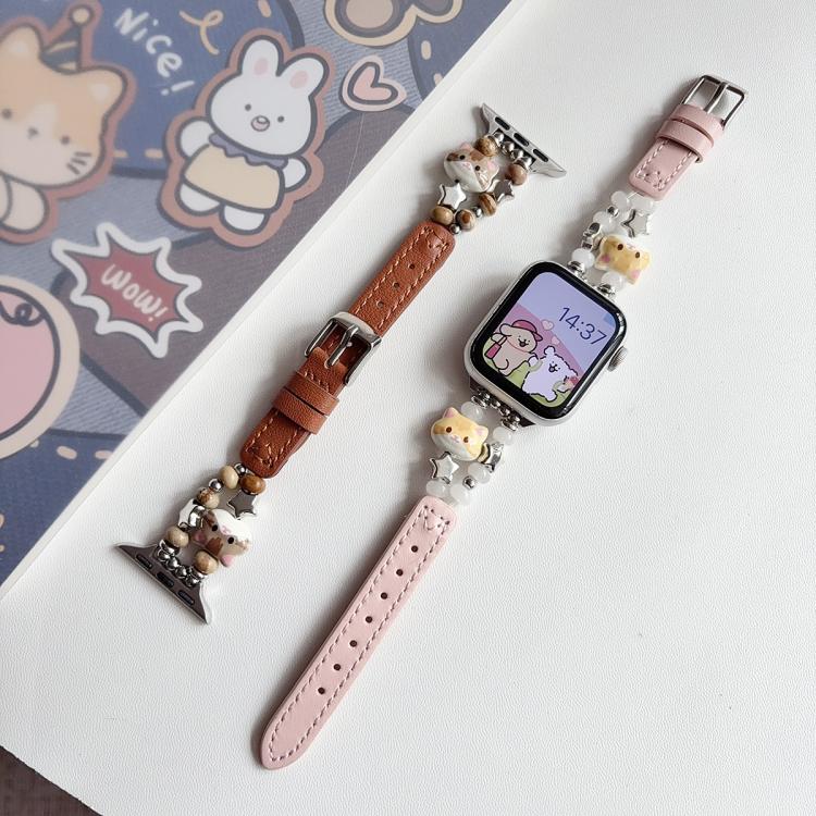 Cute Cat Jade Beads Hybrid Vegan Leather Watch Band, For Apple Watch 46mm / 49mm / 45mm / 44mm, For Apple Watch 42mm / 41mm / 40mm / 38mm