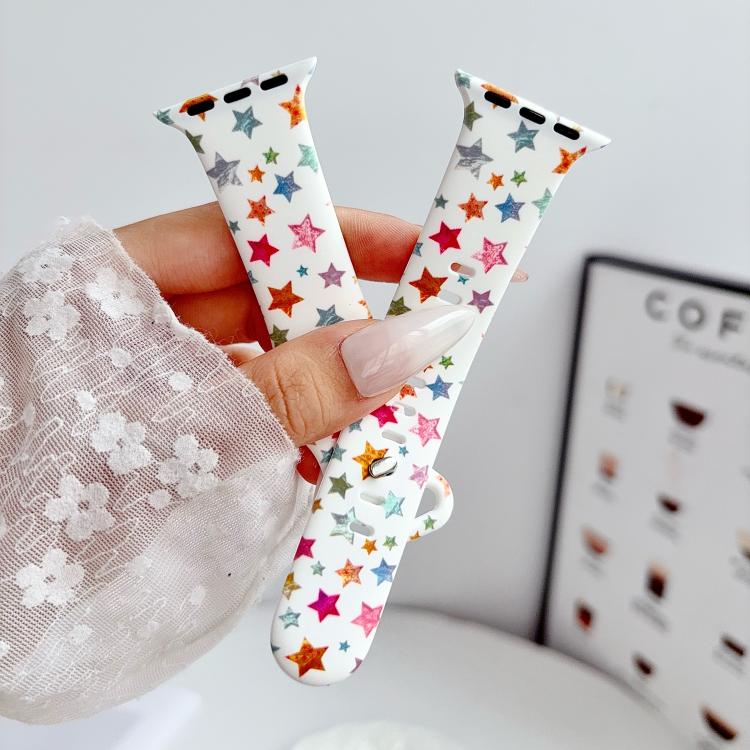 Iridescent Foil Star Pattern Reverse Clasp Silicone Watch Band, For Apple Watch 46mm / 49mm / 45mm / 44mm, For Apple Watch 42mm / 41mm / 40mm / 38mm